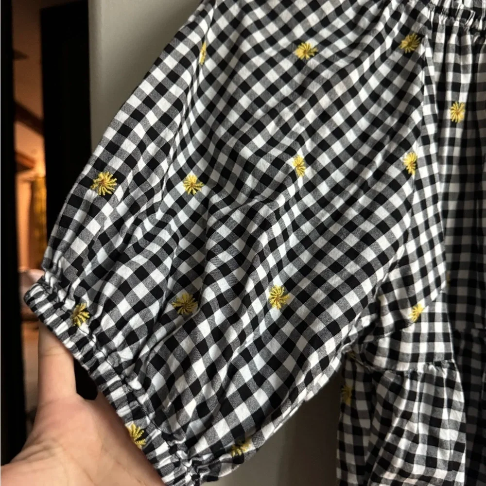 Old Navy Gingham Cottagecore Blouse Puff Sleeve Embroidered Floral Top M